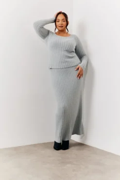 Hot In The Style Fluffy Rib Co-Ord Midaxi Skirt Grey