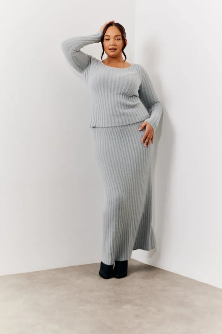 Hot In The Style Fluffy Rib Co-Ord Midaxi Skirt Grey