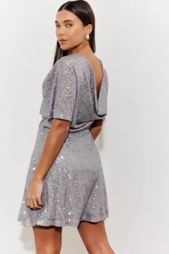 Clearance In the Style Flutter Sleeve Cowl Back Sequin Mini Dress Silver