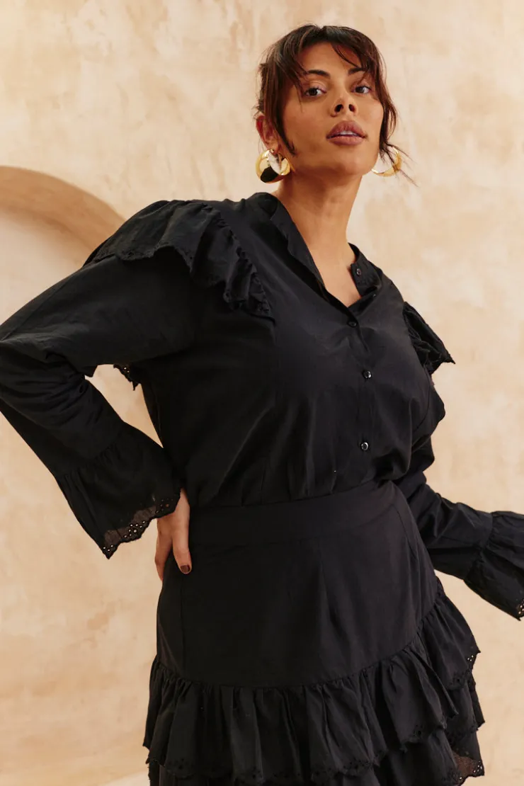 Online In The Style Frill Crochet Detail Co Ord Blouse Black