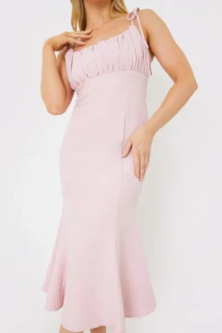 New In the Style Gathered Bust Midi Dress Pink