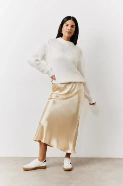 Best In the Style Satin Midi Skirt Gold