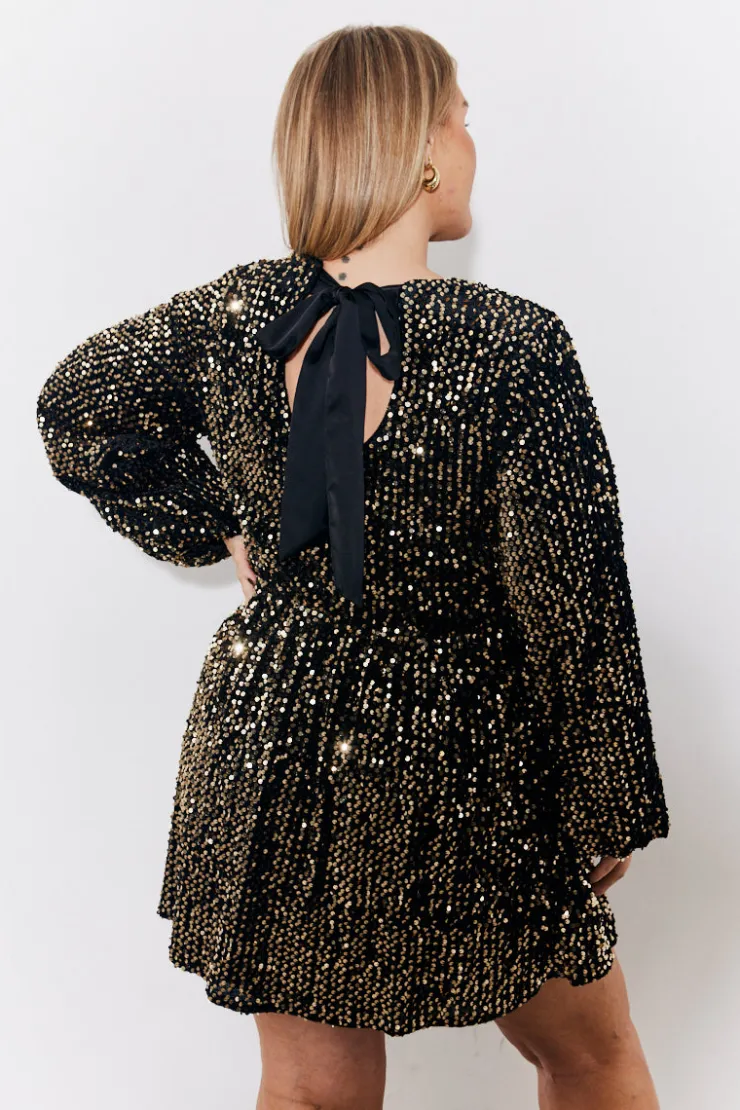 Clearance In the Style Velvet Sequin Bow Back Smock Dress Gold