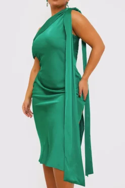 In The Style Satin Asymmetric Neckline Midi Dress Green