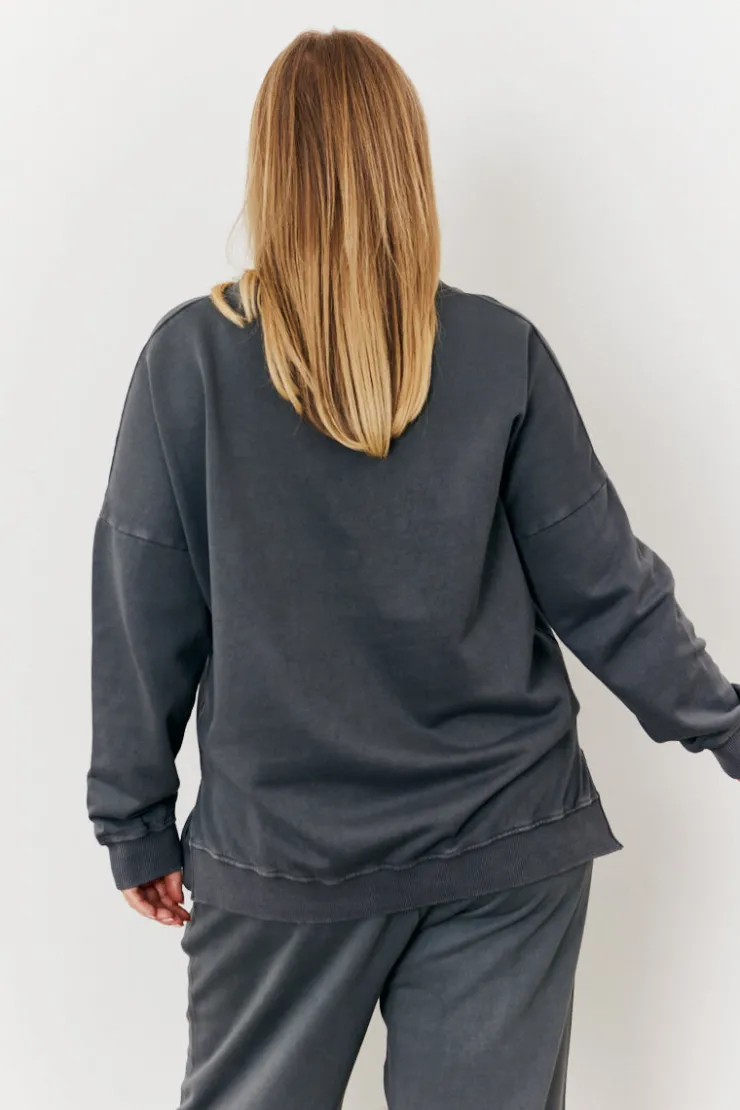 Outlet In the Style Grey Wash V Neck Split Hem Sweatshirt Dark grey