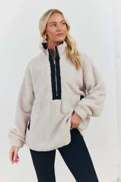 Outlet In the Style Half Zip Borg Pull Over Jacket Stone