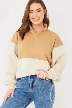 New In the Style Half Zip Colour Block Toggle Sweat Camel