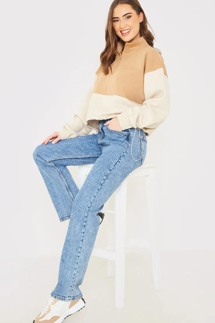 New In the Style Half Zip Colour Block Toggle Sweat Camel