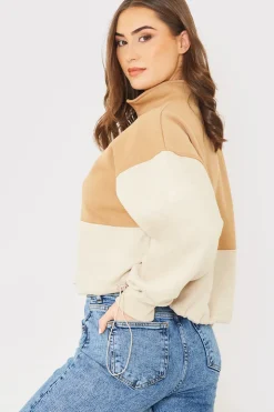 New In the Style Half Zip Colour Block Toggle Sweat Camel