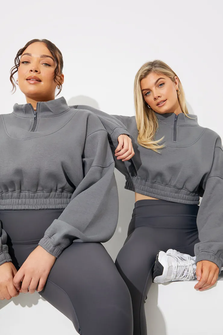 Clearance Fits Half Zip Up Cropped Jersey Sweater