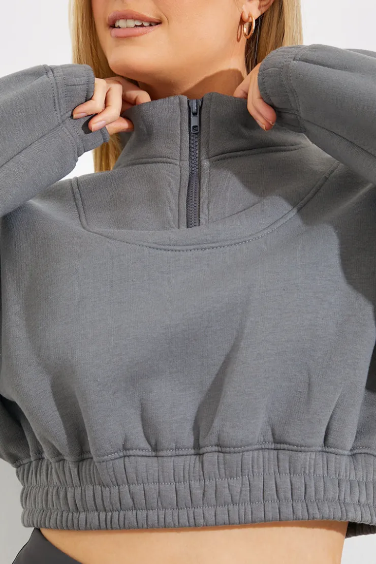 Clearance Fits Half Zip Up Cropped Jersey Sweater
