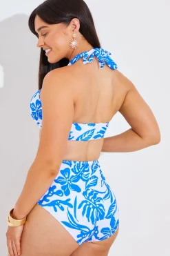 Discount In the Style Halter Neck Tropical Print Bikini Top Blue