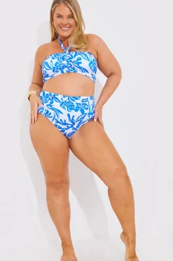Discount In the Style Halter Neck Tropical Print Bikini Top Blue