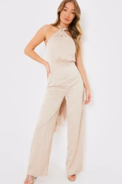 Hot In the Style Halter Neck Wide Leg Jumpsuit Stone