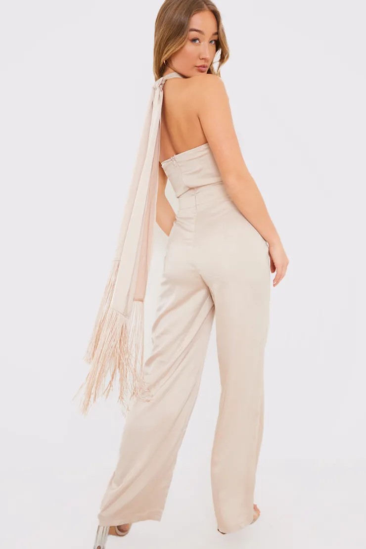 Hot In the Style Halter Neck Wide Leg Jumpsuit Stone