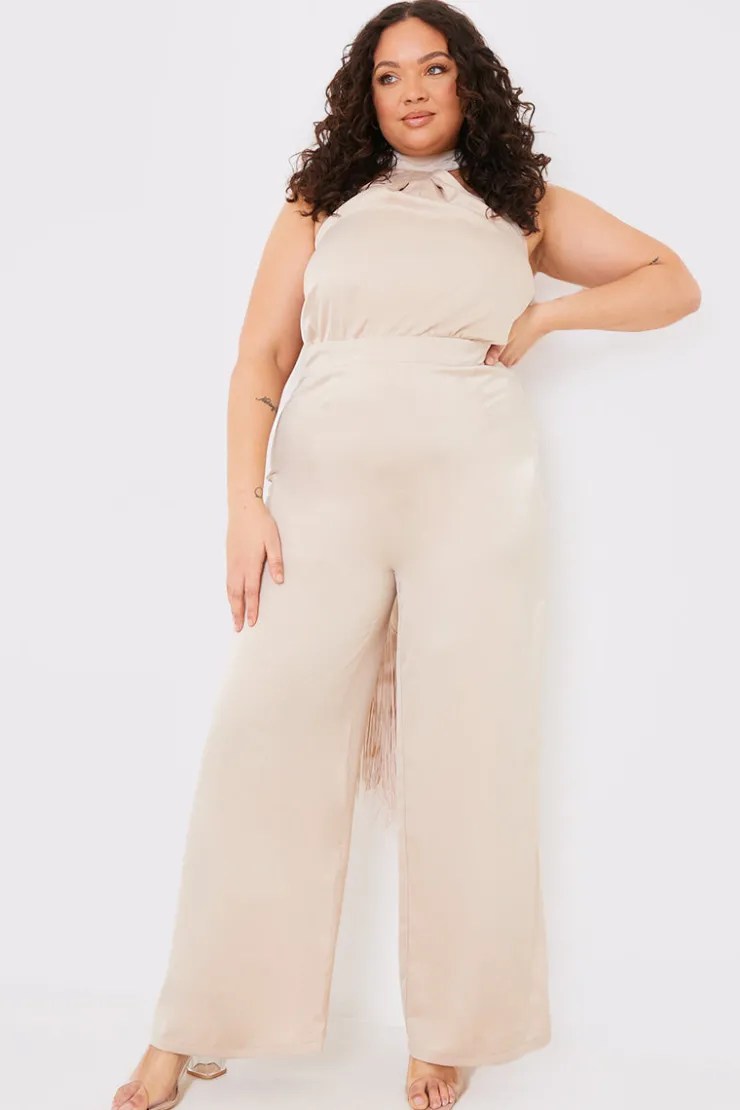 Hot In the Style Halter Neck Wide Leg Jumpsuit Stone