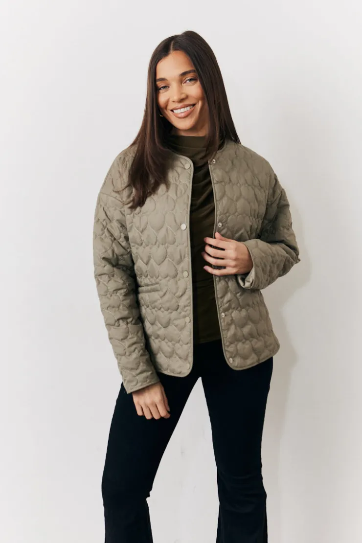 Outlet In the Style Heart Quilted Lightweight Jacket Khaki