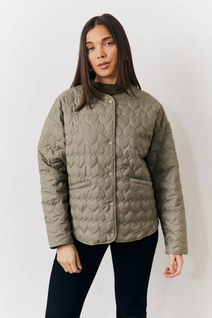 Outlet In the Style Heart Quilted Lightweight Jacket Khaki