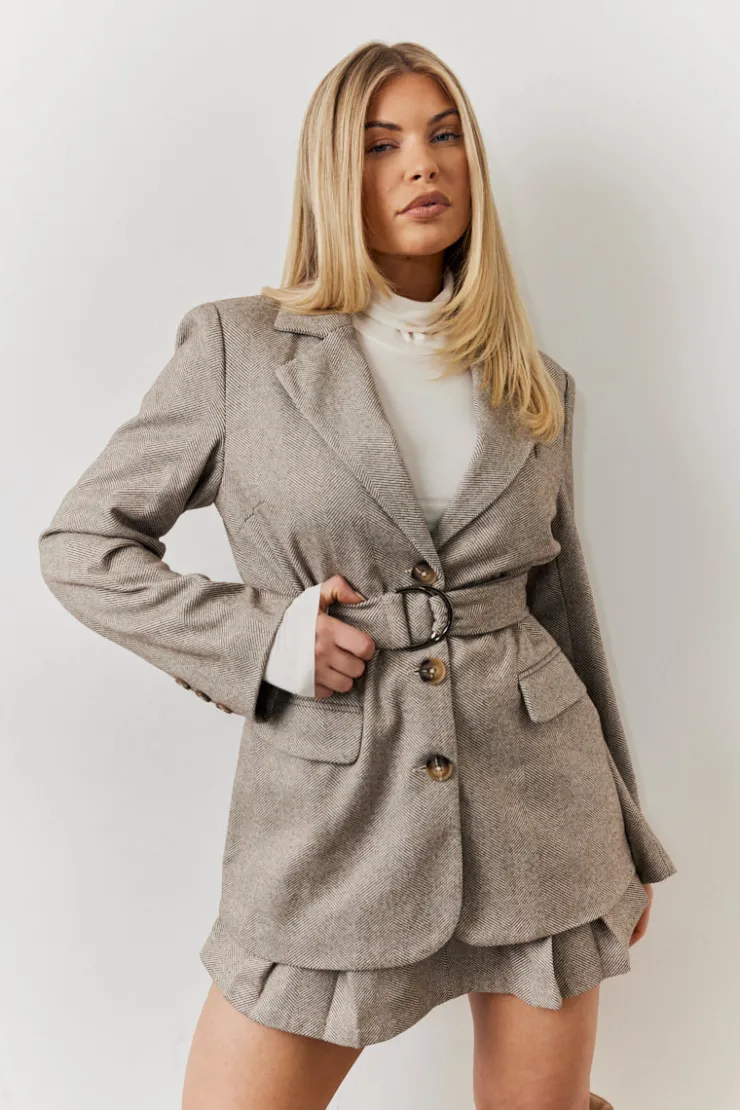 Discount In the Style Herringbone Belted Single Breasted Oversized Blazer Brown
