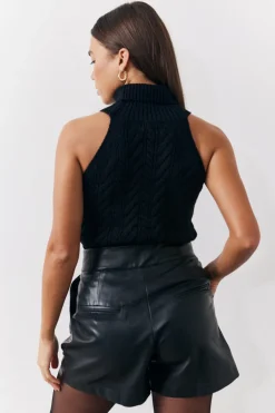 Hot In the Style High Neck Cable Knit Sleeveless Top Black