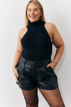 Hot In the Style High Neck Cable Knit Sleeveless Top Black