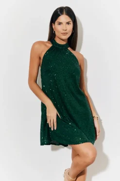 Discount In the Style High Neck Sequin Swing Mini Dress Green
