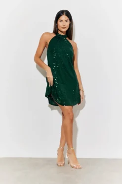 Discount In the Style High Neck Sequin Swing Mini Dress Green