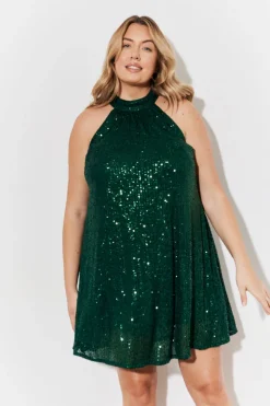 Discount In the Style High Neck Sequin Swing Mini Dress Green