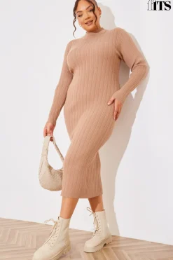 Online In The Style High Neck Variegated Rib Knit Midi Dress