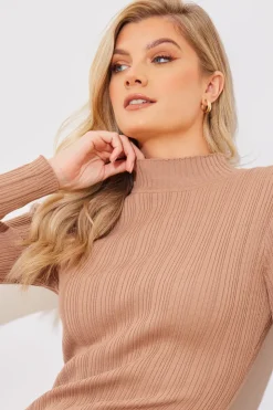 Online In The Style High Neck Variegated Rib Knit Midi Dress