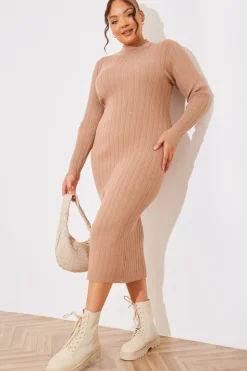 Online In The Style High Neck Variegated Rib Knit Midi Dress
