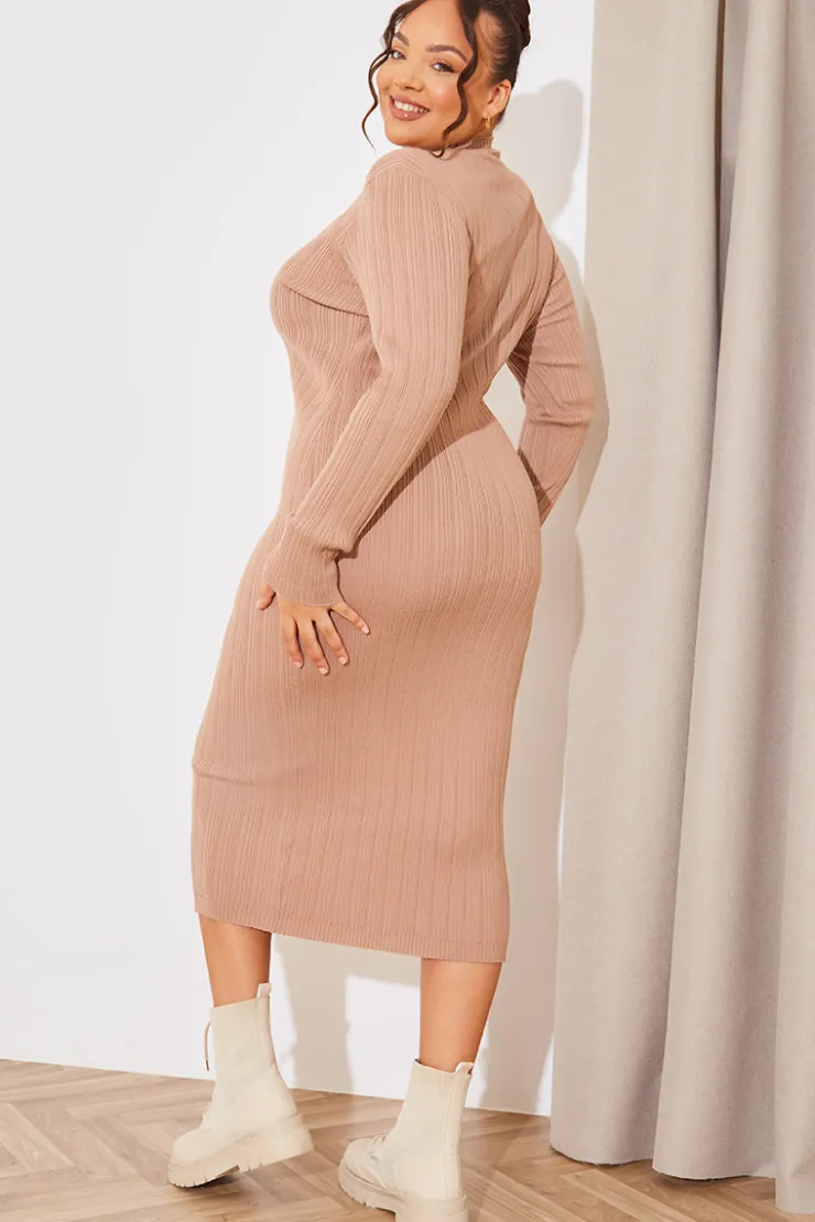 Online In The Style High Neck Variegated Rib Knit Midi Dress