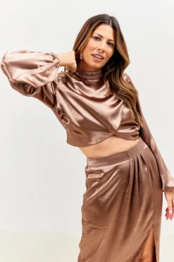 Online In the Style High Neck Wrap Co-Ord Top Chocolate