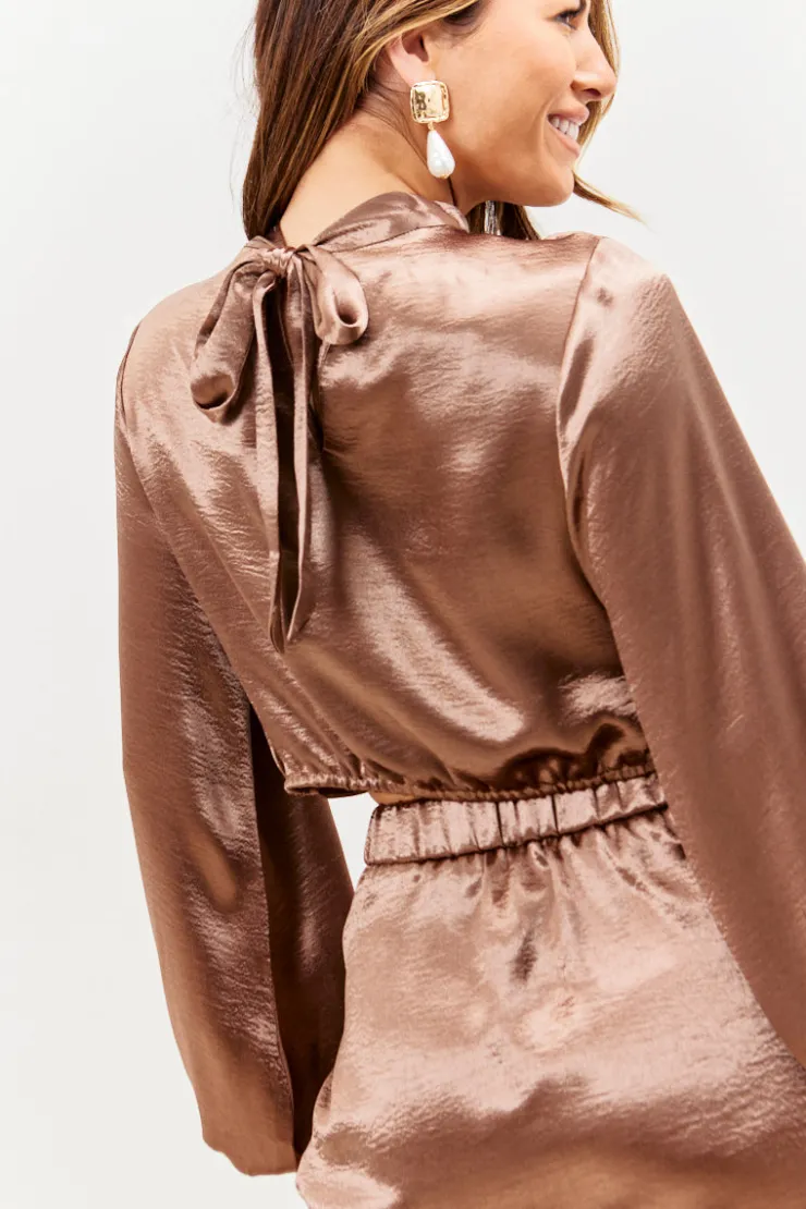 Online In the Style High Neck Wrap Co-Ord Top Chocolate