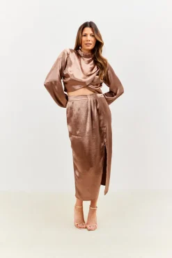 Online In the Style High Neck Wrap Co-Ord Top Chocolate