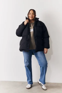 New In the Style Hooded Drawstring Waist Puffer Coat Black