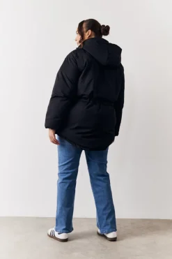 New In the Style Hooded Drawstring Waist Puffer Coat Black