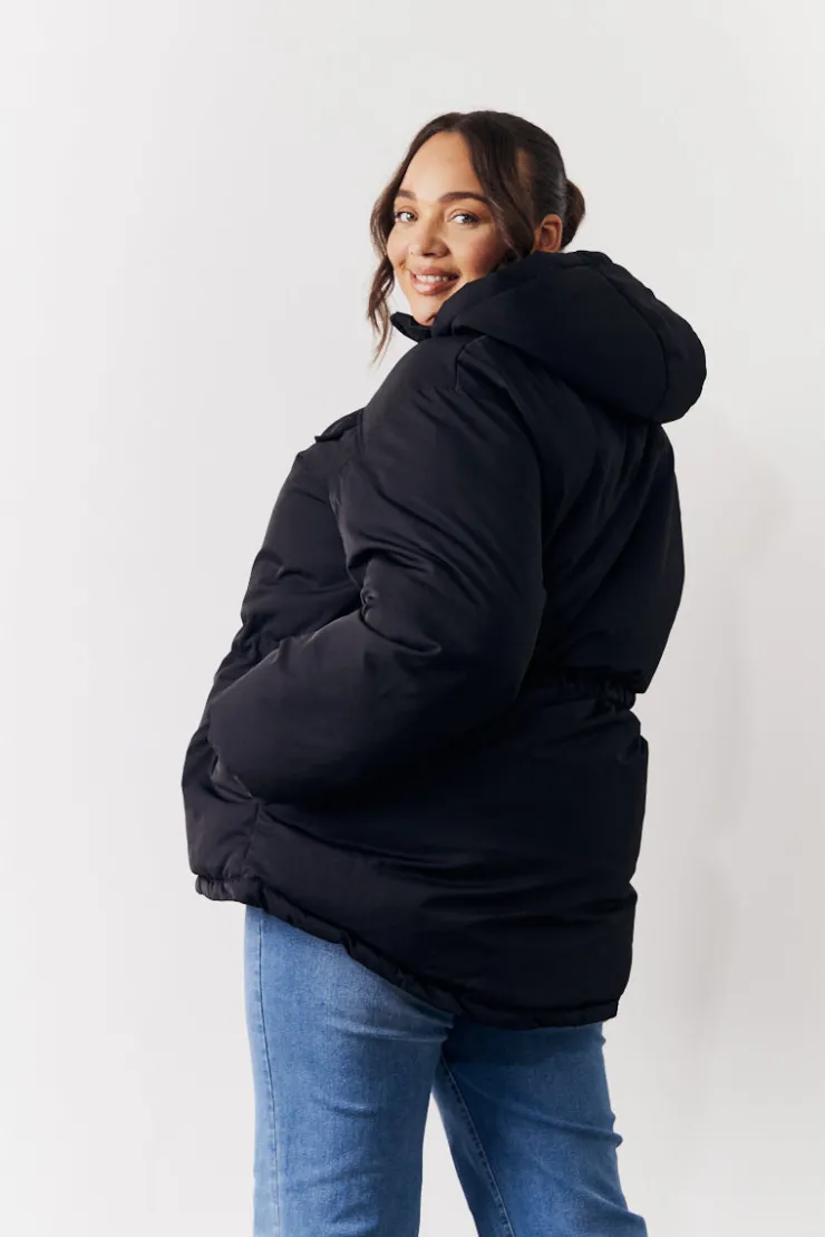 New In the Style Hooded Drawstring Waist Puffer Coat Black