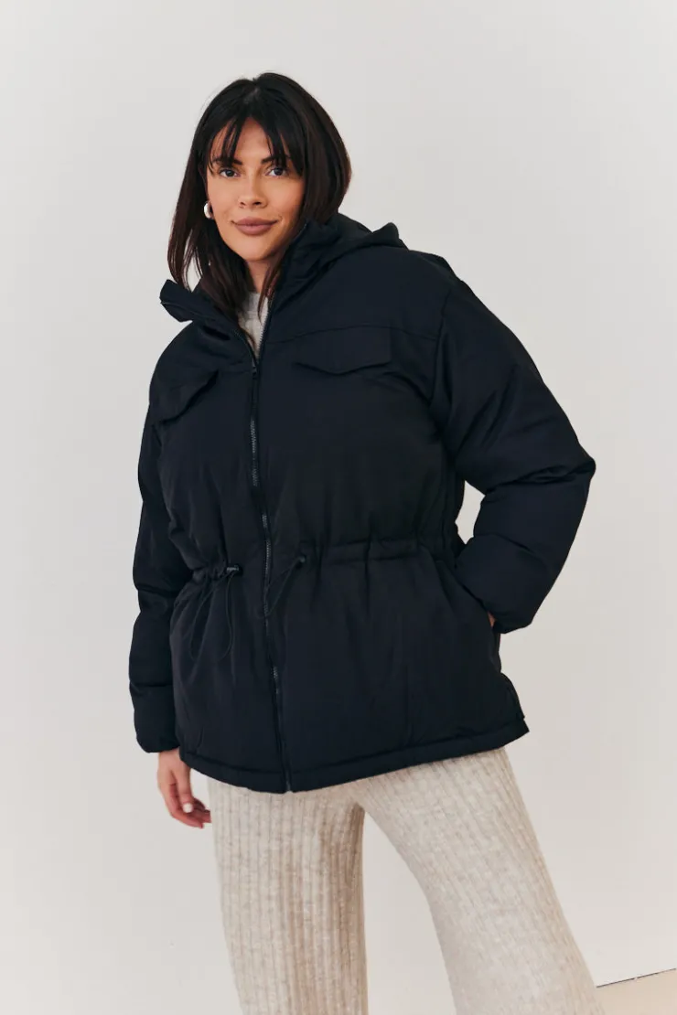 New In the Style Hooded Drawstring Waist Puffer Coat Black