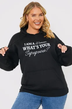 Clearance In The Style I am a Woman. What's your superpower?' Slogan Hoodie Black