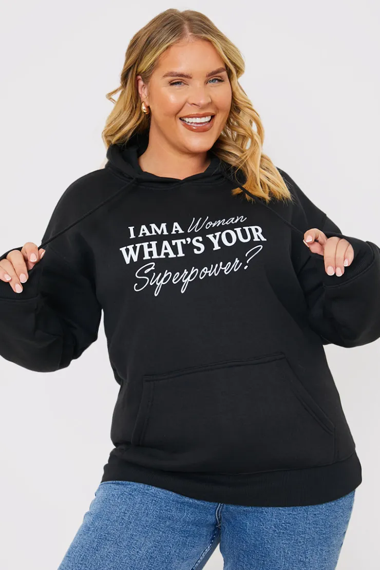 Clearance In The Style I am a Woman. What's your superpower?' Slogan Hoodie Black