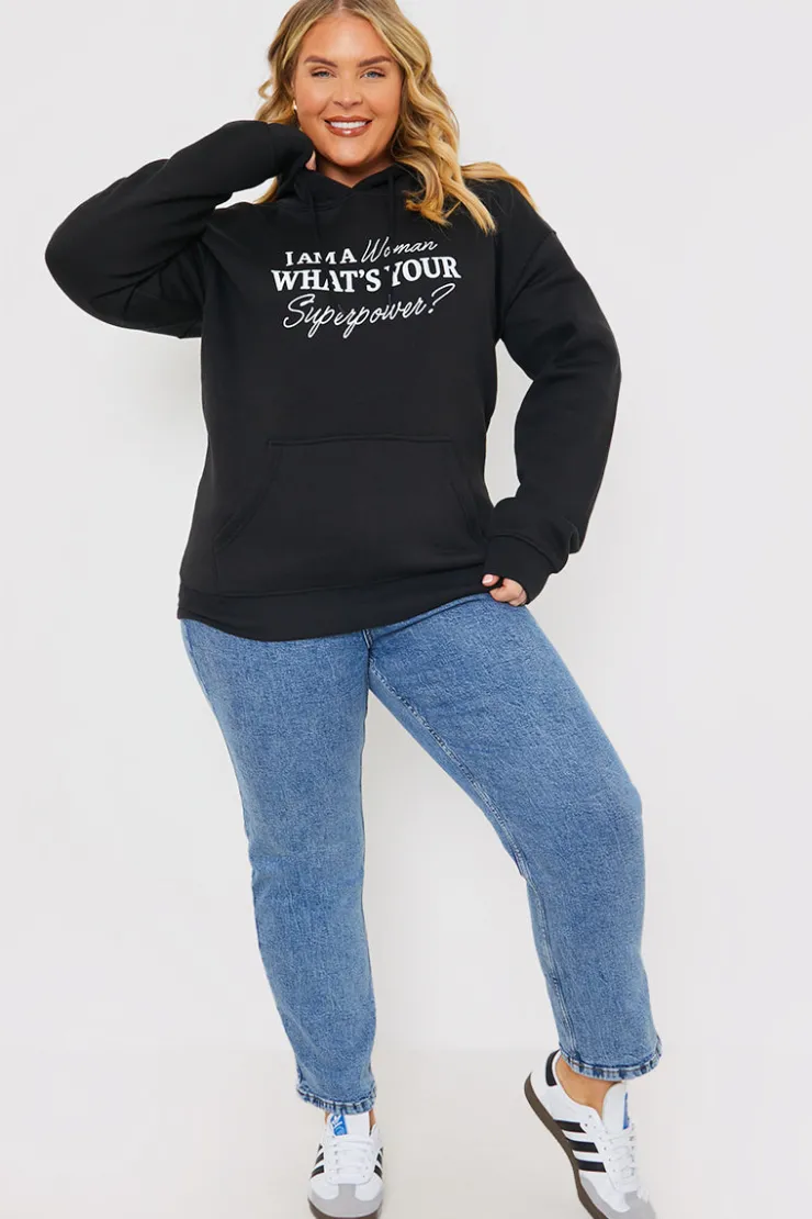 Clearance In The Style I am a Woman. What's your superpower?' Slogan Hoodie Black