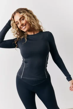 Online Fits Contrast Piping Long Sleeve Co-Ord Top Indigo blue