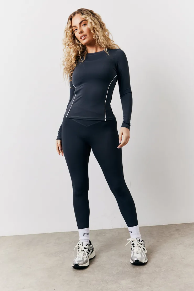Online Fits Contrast Piping Long Sleeve Co-Ord Top Indigo blue