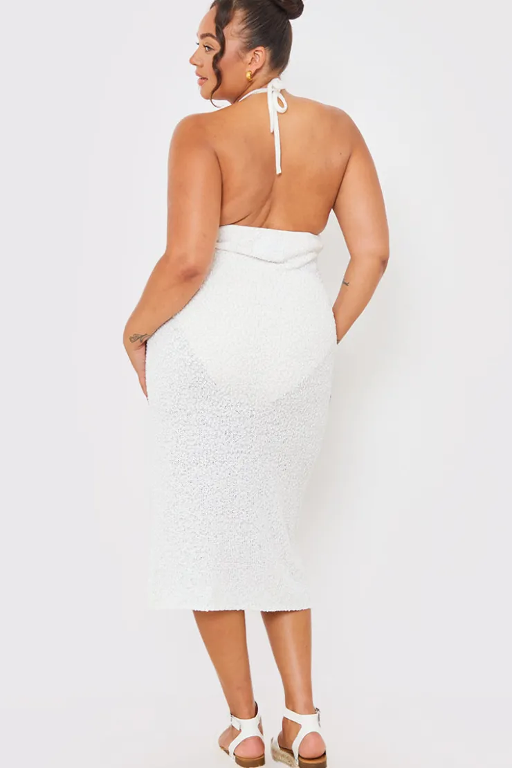 New In the Style Interest Yarn Halter Neck Knit Midi Dress White