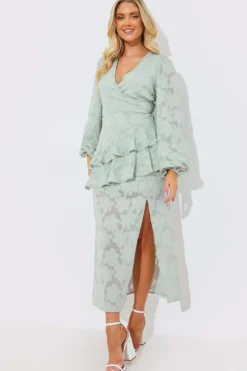 Sale In the Style Jacquard Asymmetric Frill Wrap Midaxi Dress Sage