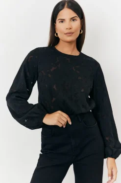 Sale In the Style Jacquard Balloon Sleeve Bodysuit Black
