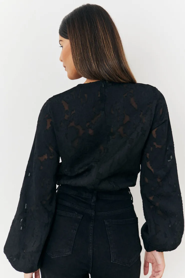 Sale In the Style Jacquard Balloon Sleeve Bodysuit Black