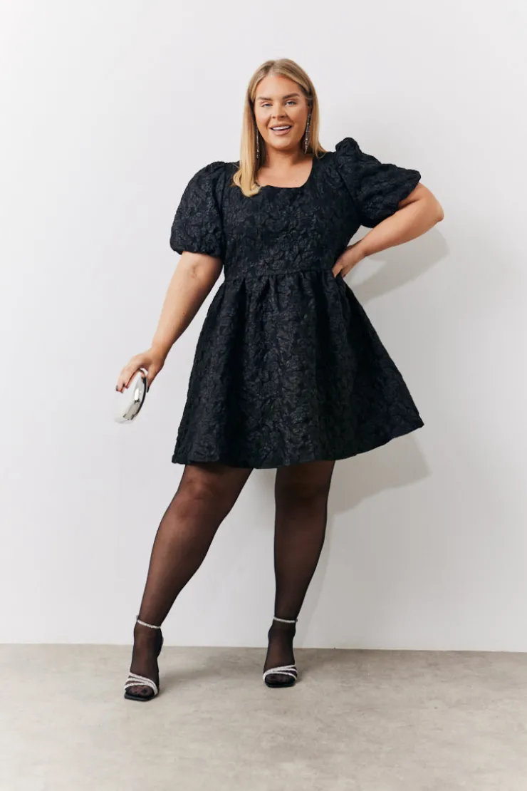 Clearance In the Style Jacquard Bow Back Puff Sleeve Smock Dress Black