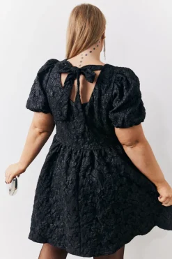 Clearance In the Style Jacquard Bow Back Puff Sleeve Smock Dress Black